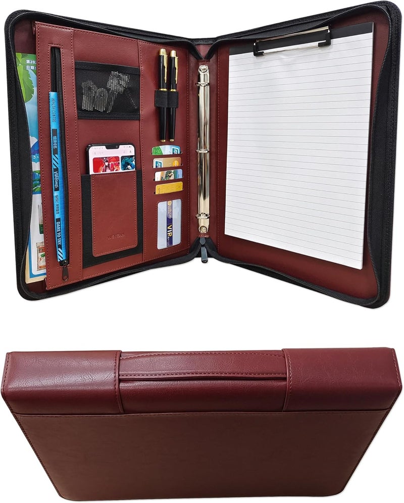 WEYEAH Faux Leather 3 Ring Portfolio Binder With Handle, Business Padfolio for Men & Women, Zippered Document Organizer for Home & Office Use, Including Clipboard, Notepad and Sheet Protectors (Brown) - Image 1
